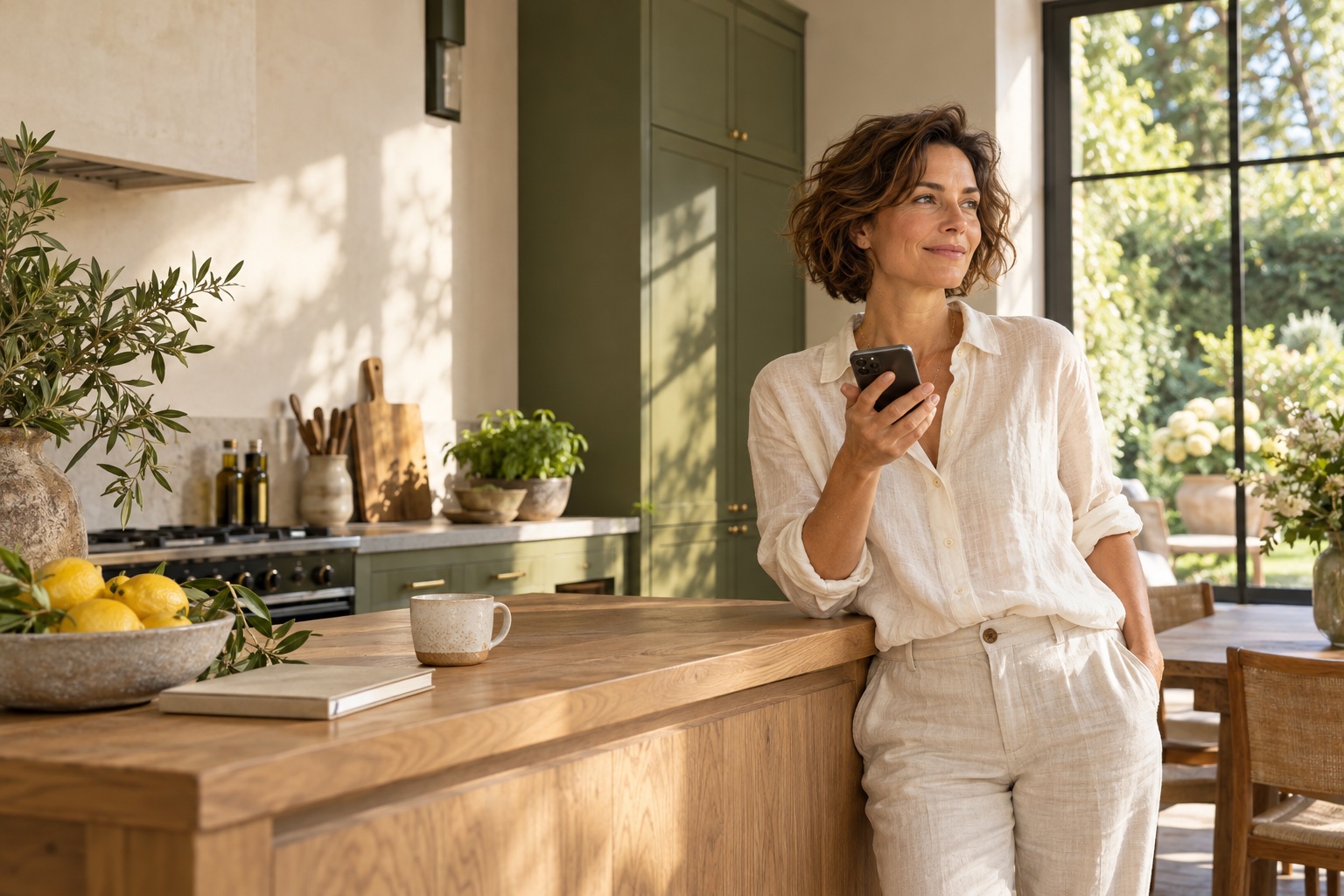 Een vrouw gebruikt ontspannen haar telefoon in een lichte keuken met groene kasten